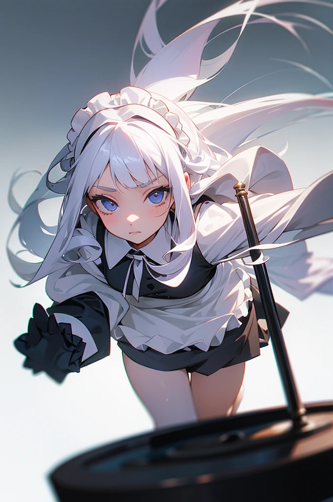 A girl frontal,((Three-quarters),(Long curly white hair),(the maid outfit)),Young, White background
