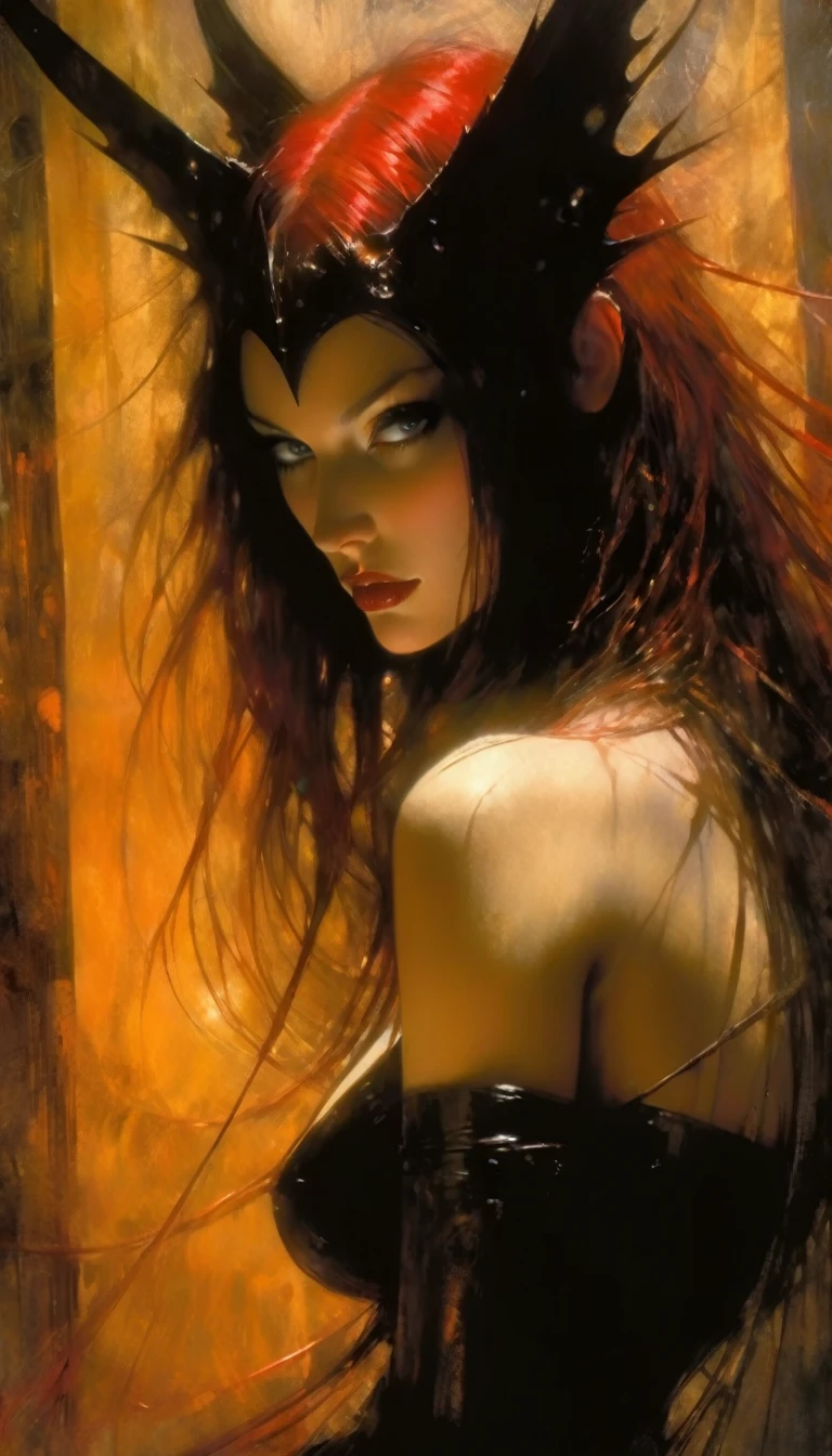 The sexy and dark art of seduction (art inspired in Bill Sienkiewicz). oil painting) (best quality,4k,8k,highres,masterpiece:1.2),ultra-detailed,(realistic,photorealistic,photo-realistic:1.37),intricate details,vivid colors,sharp focus,professional,Dave McKean artwork, oil touch of surrealism,oil painting style