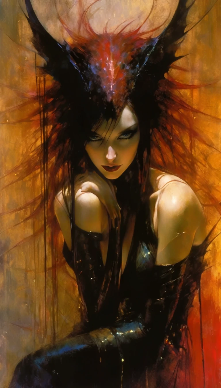 The sexy and dark art of seduction (art inspired in Bill Sienkiewicz). oil painting) (best quality,4k,8k,highres,masterpiece:1.2),ultra-detailed,(realistic,photorealistic,photo-realistic:1.37),intricate details,vivid colors,sharp focus,professional,Dave McKean artwork, oil touch of surrealism,oil painting style