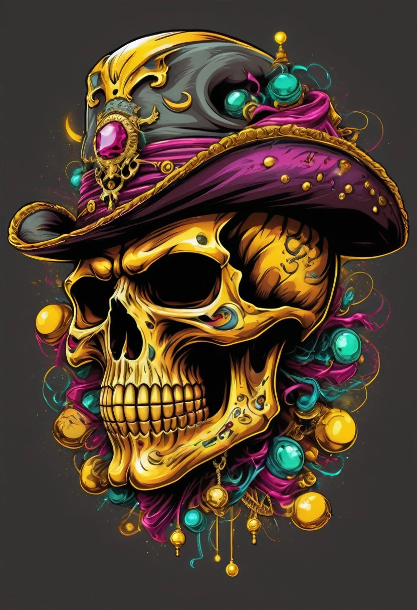 T-shirt art vector ready to print colorful graffiti illustration of masked yellow pirate skull and hat web decorated with jewels of precious rubies and emeralds and skeleton beard decorated with yellow diamonds, beautiful stone jewelry teeth, frontal perspective, action photo, vibrant color and welding, high détail, White background