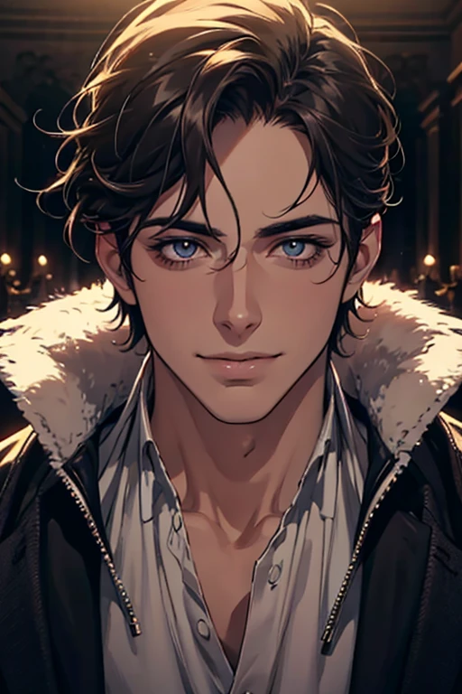 a handsome smiling male model with unkempt hair, extremely detailed face, beautiful eyes, nose, and lips, cinematic lighting, photography, high quality, 8k, hyperrealistic, masterpiece, chiaroscuro, dramatic lighting