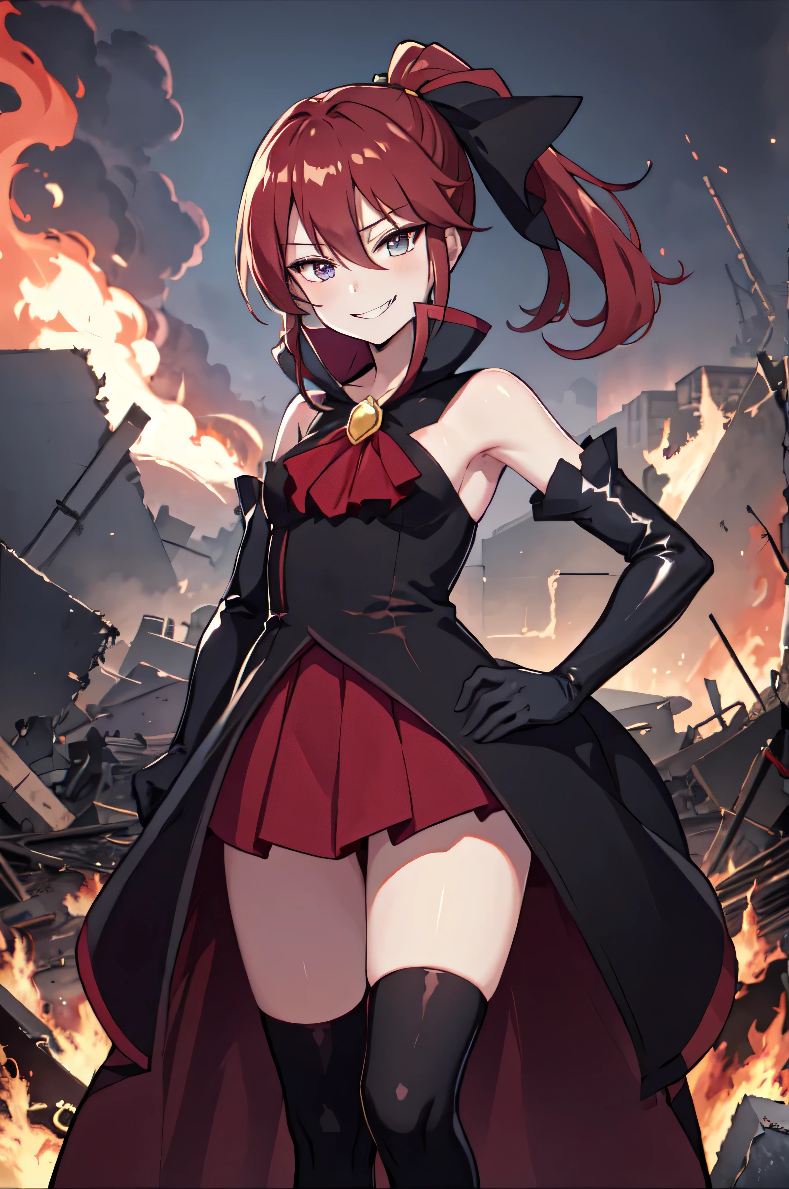 Highest quality, masterpiece, One Girl,Not beautiful, Red Ponytail, Long dress, brooch, Hair Ribbon, - Elbow hand pockets, Black knee socks, Standing on the rubble, Burning cityscape, (Wicked Smile:1.1), Hands on hips,,Dark shadowed face,Sadistic smile,Malice,Contempt,smile,latex,Bad face,,Red Skirt,