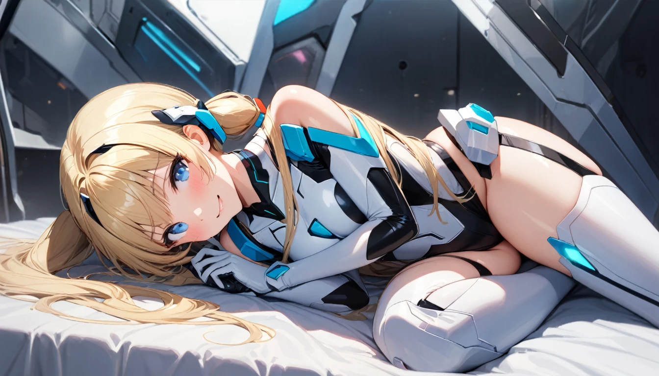 score_9, score_8_up, score_7_up, source_anime, rating explicit, absurdres, bedroom, frll body, 1girl, solo, angelabalzac, blonde hair, blue eyes, deva battle suit, thighs, bare shoulder, elbow gloves, headgear, long hair, low twintails, twintails, very long hair, smile, lying, on side, looking at viewer, masterpiece, best quality, very aesthetic, highly detailed, 8k,