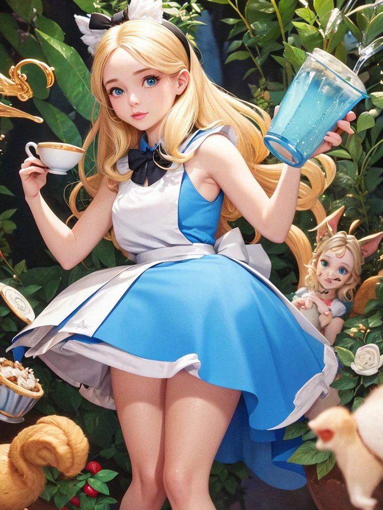 Ultra detailed, Alice in Wonderland, a beautiful Blonde haired, nude woman, drinking cup of coffee, dynamic lighting, Animals in back ground.