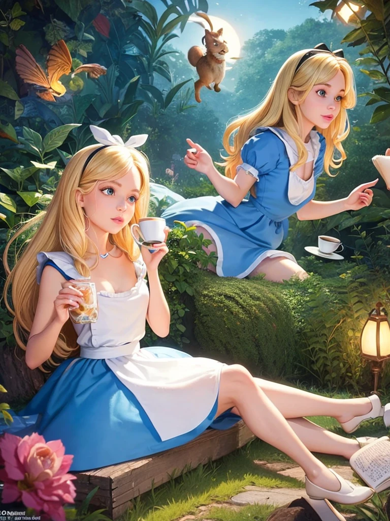 Ultra detailed, Alice in Wonderland, a beautiful Blonde haired, nude woman, drinking cup of coffee, dynamic lighting, Animals in back ground.