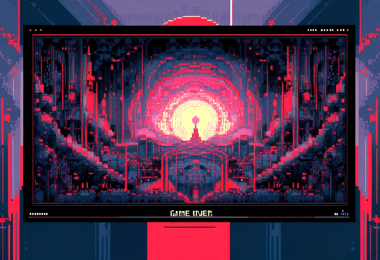 Elements: A pixel art game over screen, in dark tones, with the message "Game Over" highlighted. Lines of code and sound waves appear in the background, creating a psychedelic effect.
• Colors: Dark tones of red and black with points of white and yellow light.