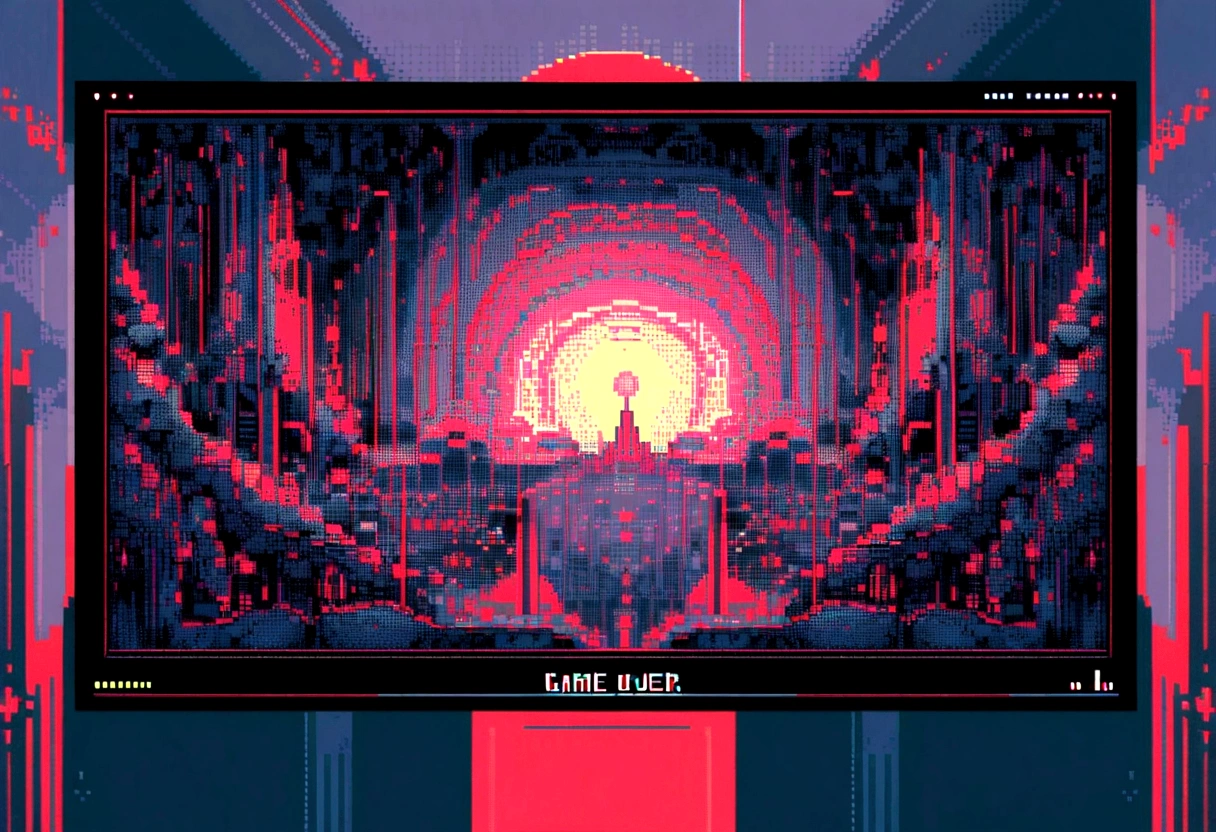 Elements: A pixel art game over screen, in dark tones, with the message "Game Over" highlighted. Lines of code and sound waves appear in the background, creating a psychedelic effect.

• Colors: Dark tones of red and black with points of white and yellow light.