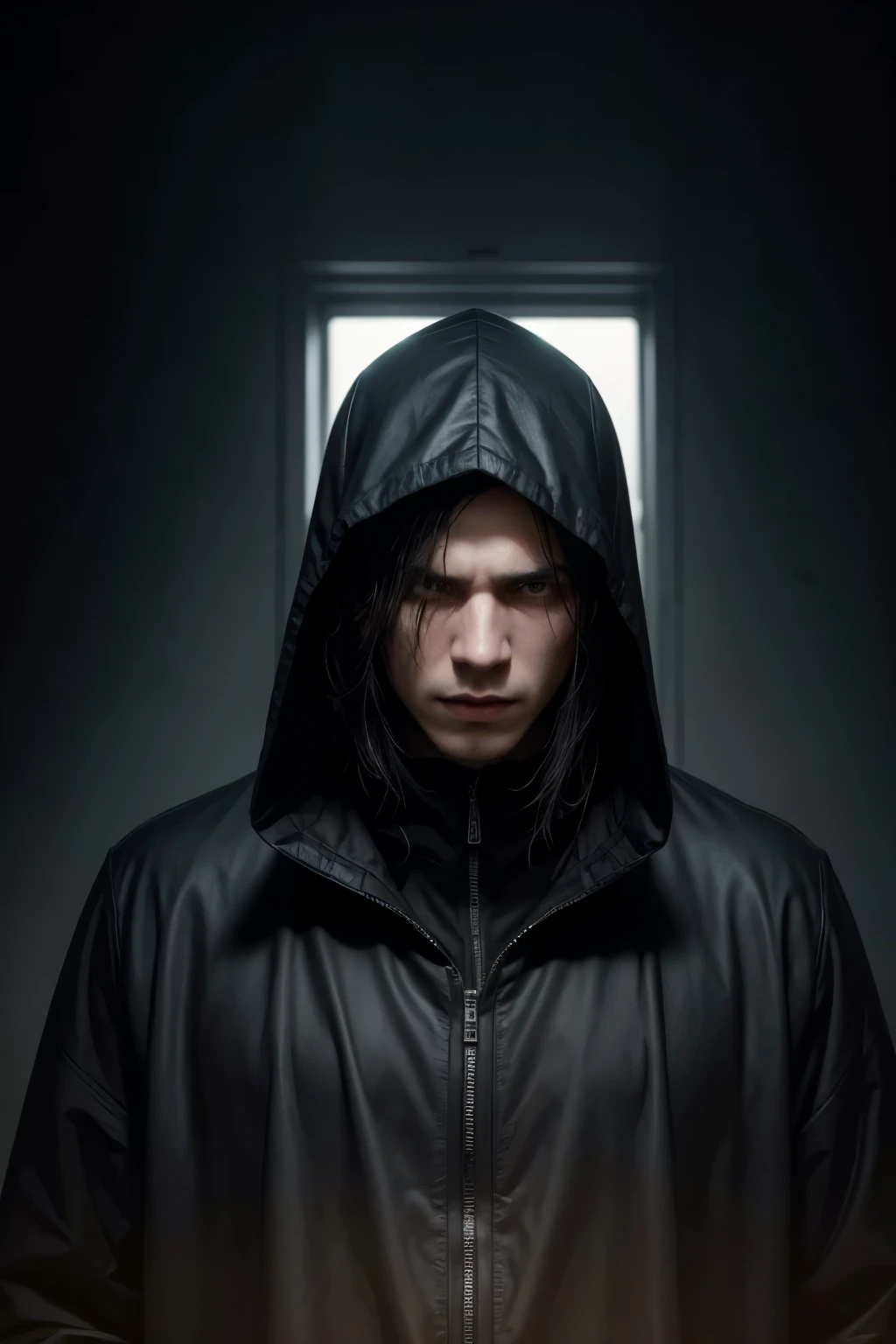 A man with dark clothes, including a hood that covers a large part of his face, leaving only his eyes showing. He exudes an aura of mystery, with a penetrating gaze that suggests he knows more than he lets on.