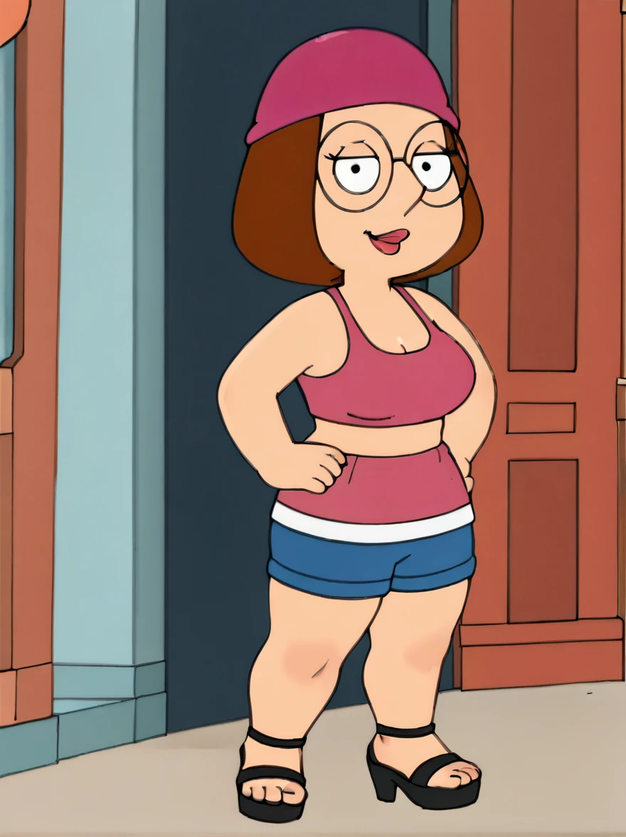 meg, brown hair, 1girl, glasses, solo, short hair, flat color, blue short shorts, beanie, pink bikini top,standing, hand on own hip, looking at viewer, smile, extra large breasts, thick thighs, thin waist, tall open-toe platform high heels