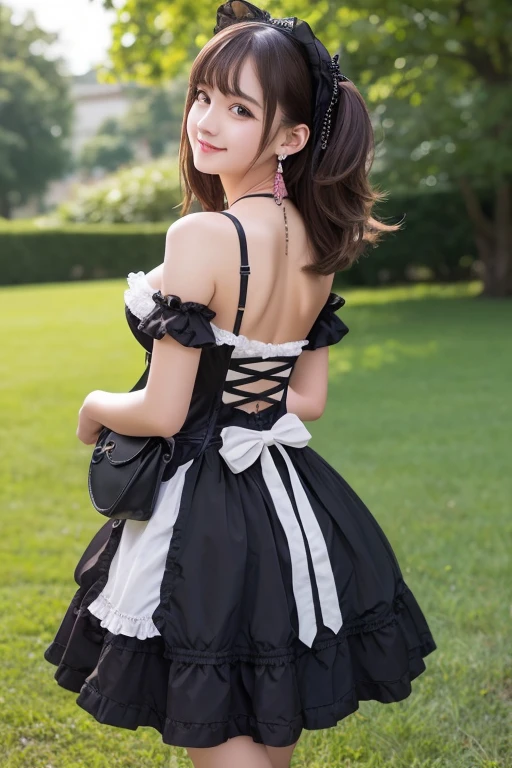 girl, White skin, ((Dark brown short tiered hair)), V cut with layers and bangs, Brown eyes, Soft atmosphere characteristics (Highest quality, Ultra-high resolution, 8K, RAW Photos, Ultra-high resolution: 1.2, masterpiece: 1.3), (Realistic, Realistic: 1.37), Very detailed, Professional Lighting, Photon Mapping, Radio City, Physically Based Rendering, One Girl, (high school girl), Sharp focus:1.2、Beautiful woman:1.4,cute, Nice, Adorable, smile, Normal chest, necklace、(Cleavage)、Gothic Lolita Fashion、Earrings、Belly button、back、Ass、Pink and black gothic lolita outfit、garden、grass、Fluffy skirt