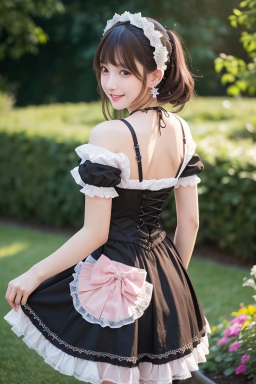 girl, White skin, ((Dark brown short tiered hair)), V cut with layers and bangs, Brown eyes, Soft atmosphere characteristics (Highest quality, Ultra-high resolution, 8K, RAW Photos, Ultra-high resolution: 1.2, masterpiece: 1.3), (Realistic, Realistic: 1.37), Very detailed, Professional Lighting, Photon Mapping, Radio City, Physically Based Rendering, One Girl, （high school girl）, Sharp focus:1.2、Beautiful woman:1.4,cute, Nice, Adorable, smile, Normal chest, necklace、(Cleavage)、Gothic Lolita Fashion、Earrings、Belly button、back、Ass、Pink and black gothic lolita outfit、garden、grass、Fluffy skirt