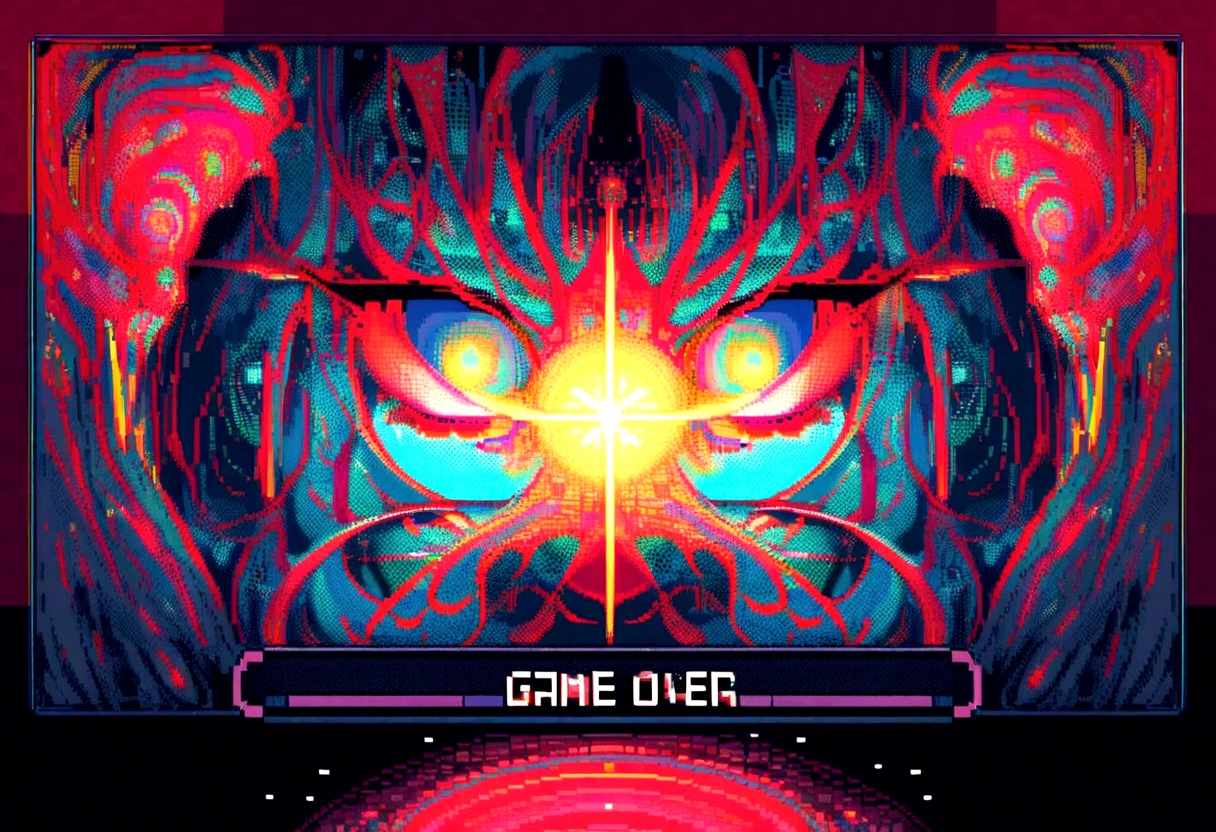 Elements: A pixel art game over screen, in dark tones, with the message "Game Over" highlighted. Lines of code and sound waves appear in the background, creating a psychedelic effect.
• Colors: Dark tones of red and black with points of white and yellow light.