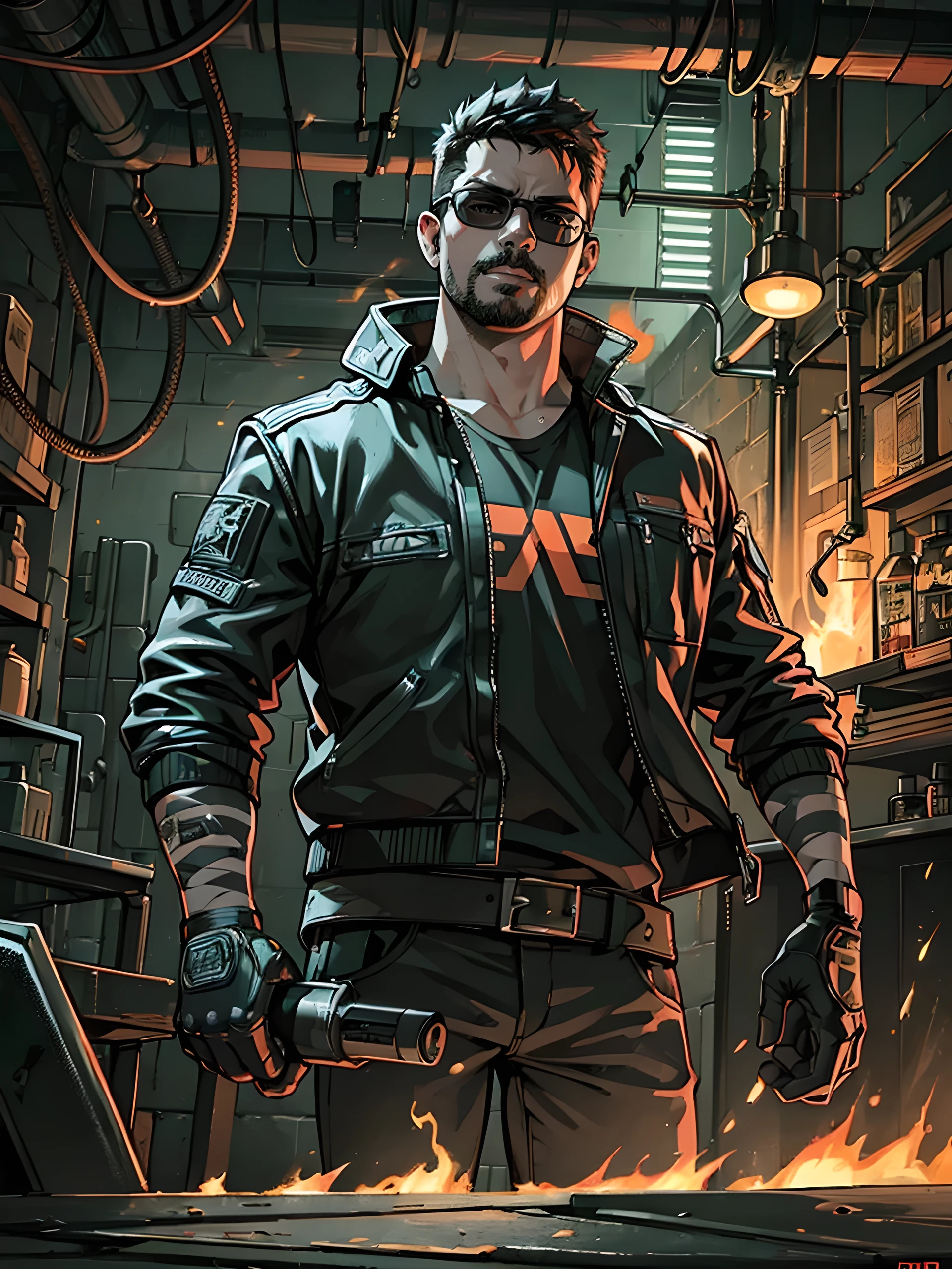 a strong, muscular 1 man, male1.1, with black hair, wearing shades, a leather jacket, and bandages on his face, standing in a workshop surrounded by sparks from a blowtorch, with a stoic expression and bright orange eyes, (best quality,4k,8k,highres,masterpiece:1.2),ultra-detailed,(realistic,photorealistic,photo-realistic:1.37),hyperrealistic, intricate details, chiaroscuro lighting, gritty, industrial, dystopian, cyberpunk, high contrast, cinematic