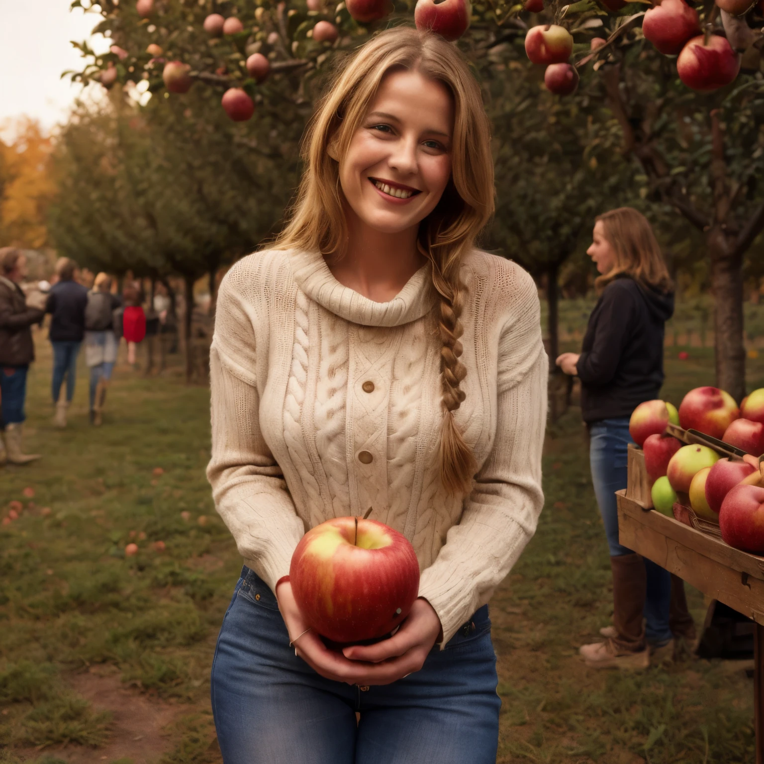 September - Apple Orchard Harvest Festival
In this September calendar scene, the portrait of 1woman blond LaGermania happy curious deductive smiling captures the festivity of an apple orchard harvest festival. She walks among laden apple trees and festival stalls, dressed in a cozy sweater and jeans in shades of apple red and autumn brown. The sweater is adorned with cable knit patterns and elbow patches, reflecting the warmth and rustic charm of autumn orchard attire. LaGermania's blonde hair is styled in a side braid, adorned with a knitted headband and apple-stained fingers that pluck ripe fruit. Around her, children play games with apples and musicians serenade visitors with folk tunes, creating a lively backdrop against the bustling orchard festival. The scene features bushels overflowing with apples and a cider press in full operation, evoking the joyous atmosphere of fall harvest celebrations. LaGermania's posture exudes excitement, one hand holding an apple while the other gestures towards festival activities. Her expression is filled with merriment and enthusiasm, a seductive smile hinting at the festive spirit. This scene captures the essence of apple orchard festivities and seasonal abundance, with every detail from the cozy sweater to the ripe apples meticulously described.