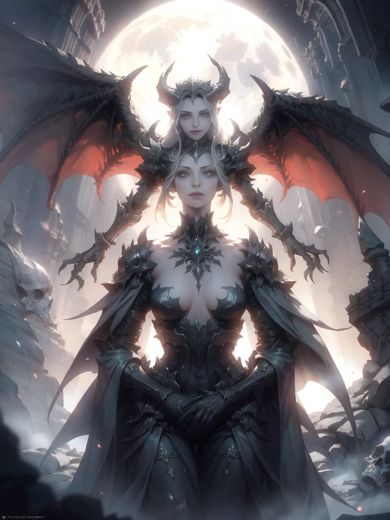 a fantasy image, a cave full of bones and skulls, it should show a faint moonlight, in the center of the image there should be a woman with long bat wings and long horns, the background should be a clear night sky with a moon red behind.