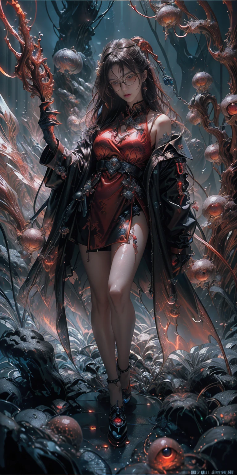 (The best illustrations)、realisitic、ultra-detailliert、The best lighting、Best Shadows、alluring succubus, ethereal beauty, perched on a cloud, (fantasy illustration:1.3), enchanting gaze, captivating pose, delicate wings, otherworldly charm, mystical sky, (Luis Royo:1.2), (Yoshitaka Amano:1.1), Dungeon and Dragon、caves、Dungeon、 A Necromancer、natta、Dark style、Succubus、Devil's Daughter、Bat Wings,(((Demon Hornlack-rimmed round glasses))))、(red eyes glowing:1.6)、beautiful countenance、Tindall Effect、(High Detail Skins:1.2) absurderes、Ponytail distortion、jewely、Beautiful expression、Toned waist、Wide buttocks、Tindall Effectmasuter piece、top-quality、Highest Standards、Top image quality、masutepiece、intricate detailes、High resolution、Depth Field、natural soft light、profetional lighting、Great smile、(High Detail Skin: 1.2)、photorealistic anime girl render、Strong highlights of the eyes、Perfect Anatomy、crotch open、Shy、Spreading your legs、Panties are visible、Skirt flipping、Body shiny with oilerectile nipple))、8K resolution、intricate clothing、Intricate details