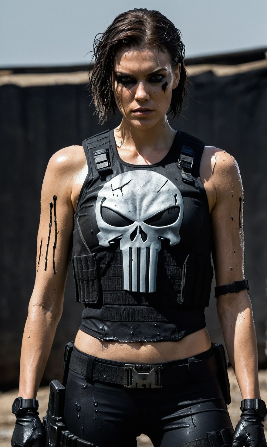 realistic, Lauren Cohan as Punisher, Punisher outfit, female Bulletproof vest, wet and sweaty hair, combed back,a few strands falling on her face, face painted black around the eyes, shoulderless crop top, women's bulletproof vest, gray spray-painted Punisher logo on the vest, slightly worn and worn, dirty, injured, wiem clothes, angry, revenge, dynamic pose, militarny Black trousers, militarny high shous, Black makeup around eyes, dark photo, dangerous and sexy, military knives, guns, automatic rifle, dark scenery and background, imersive background, raw photo, 8k, very detailed, cinematic