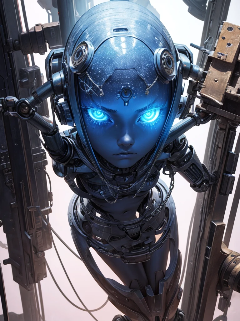 20 year old girl chained up in spaceship, bottomless, topless, skinny, depressed, painful face expression, very detailed, body modifications, robotic arms