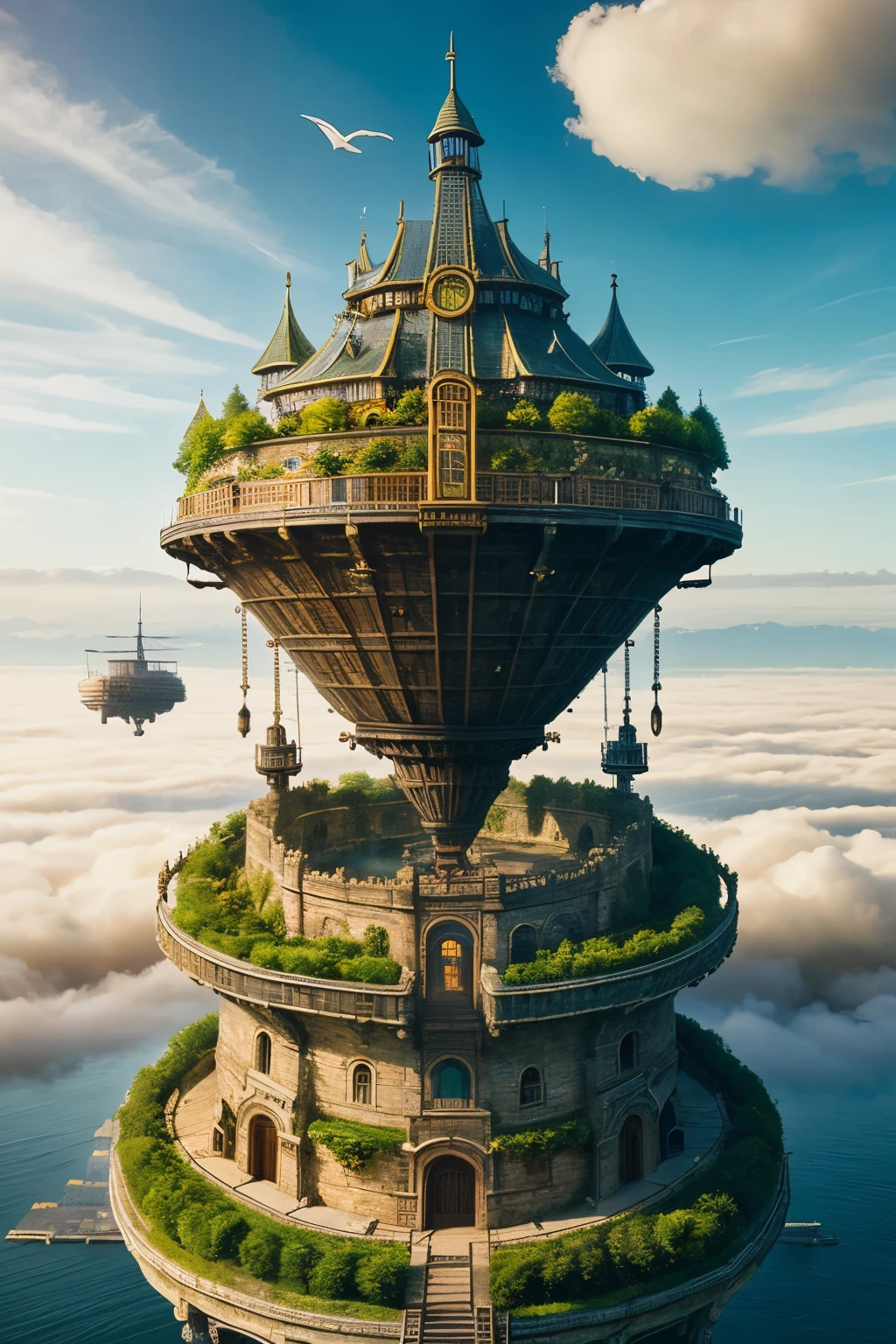 ((best quality)), ((​masterpiece)), (Detailed), Huge, area, separate, flying island in the clouds, city wall, 1 lift on two chains, Steampunk, green space, Airship port, low houses