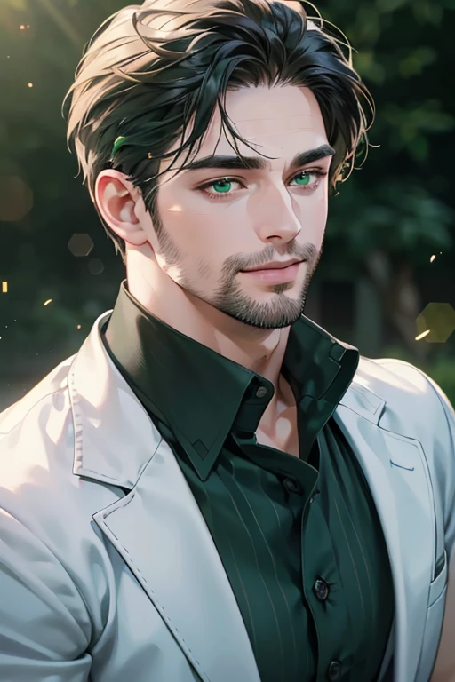 a handsome 35 year old man, 3 day beard, dark hair, sharp jawline, (mesmerizing green eyes), perfectly styled hair, wearing cool anime outfitt, dynamic lighting, (CEO), (expression, smile in love), (best quality,4k,8k,highres,masterpiece:1.2),ultra-detailed,(realistic,photorealistic,photo-realistic:1.37)