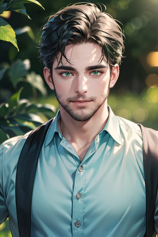 a handsome 35 year old man, 3 day beard, dark hair, sharp jawline, (mesmerizing green eyes), perfectly styled hair, wearing cool anime outfitt, dynamic lighting, (CEO), (expression, smile in love), (best quality,4k,8k,highres,masterpiece:1.2),ultra-detailed,(realistic,photorealistic,photo-realistic:1.37)