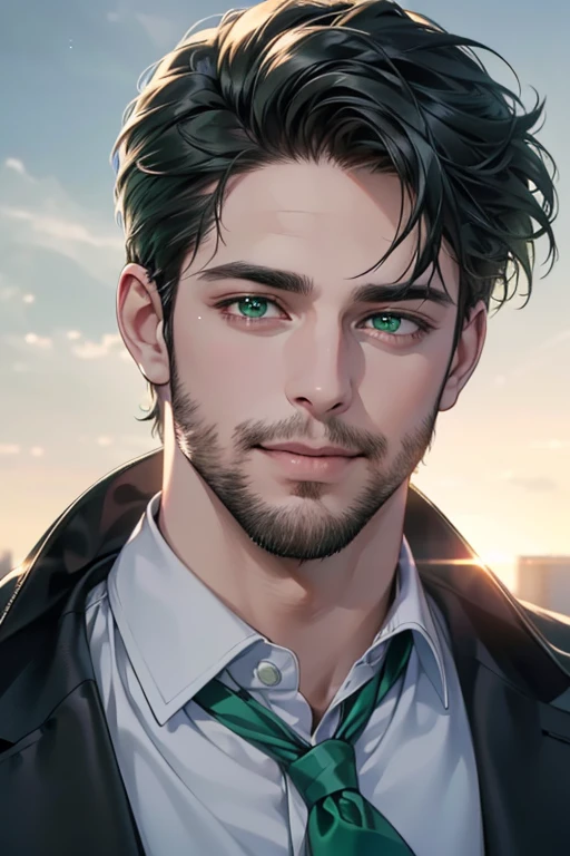 a handsome 35 year old man, 3 day beard, dark hair, sharp jawline, (mesmerizing green eyes), perfectly styled hair, wearing cool anime outfitt, dynamic lighting, (CEO), (expression, smile in love), (best quality,4k,8k,highres,masterpiece:1.2),ultra-detailed,(realistic,photorealistic,photo-realistic:1.37)