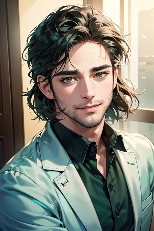 a handsome 35 year old man, 3 day beard, dark hair, sharp jawline, (mesmerizing green eyes), perfectly styled hair, wearing cool anime outfitt, dynamic lighting, (CEO), (expression, smile in love), (best quality,4k,8k,highres,masterpiece:1.2),ultra-detailed,(realistic,photorealistic,photo-realistic:1.37)