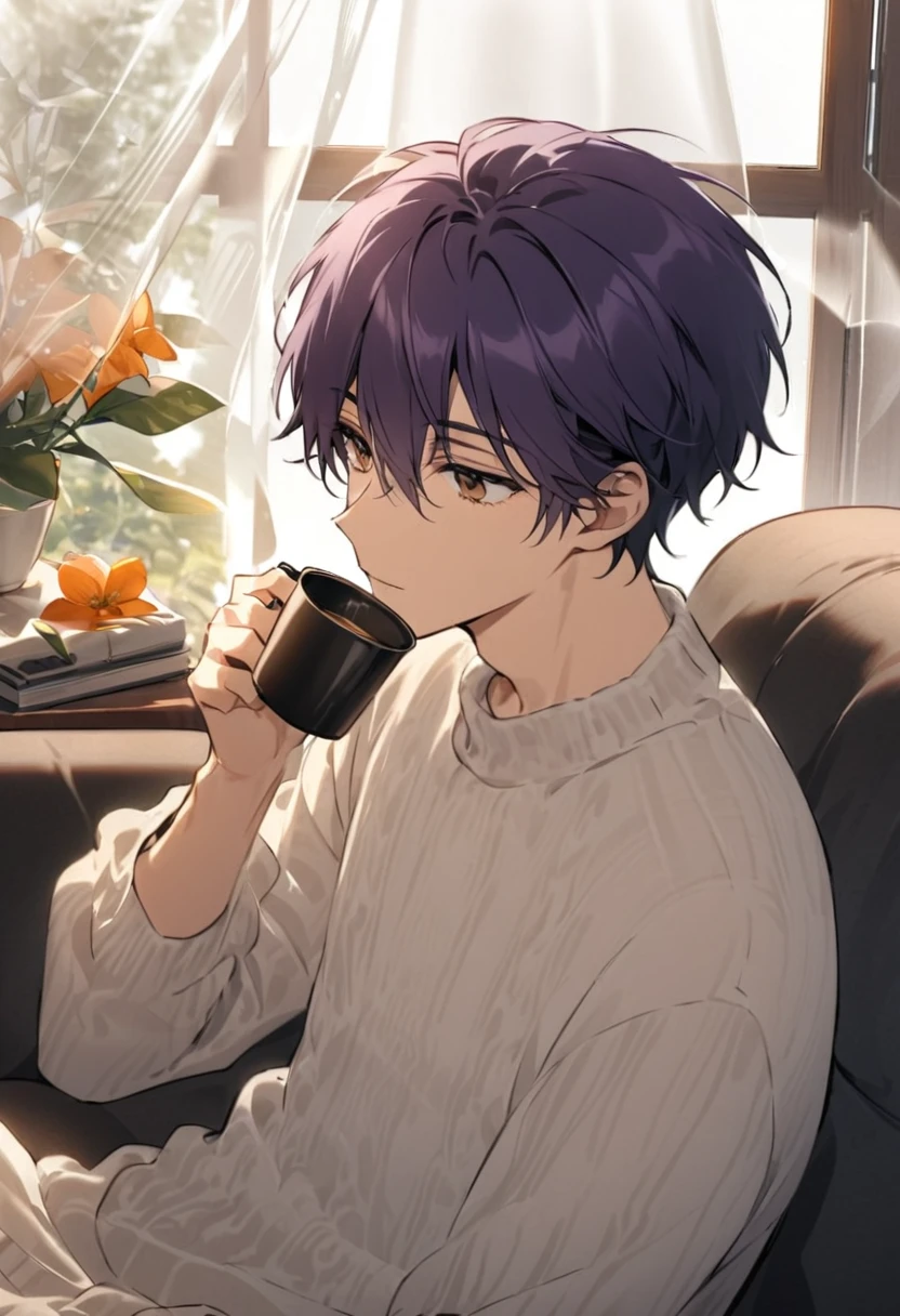 Sunny afternoon，Young man with dark purple hair drinking coffee while sitting on the sofa at home，Book，The years are quiet，Floating in the breeze，Translucent curtains，Warm daily life，Wear a fluffy sweater over a shirt，Orange Blossoms，Look at the lens，