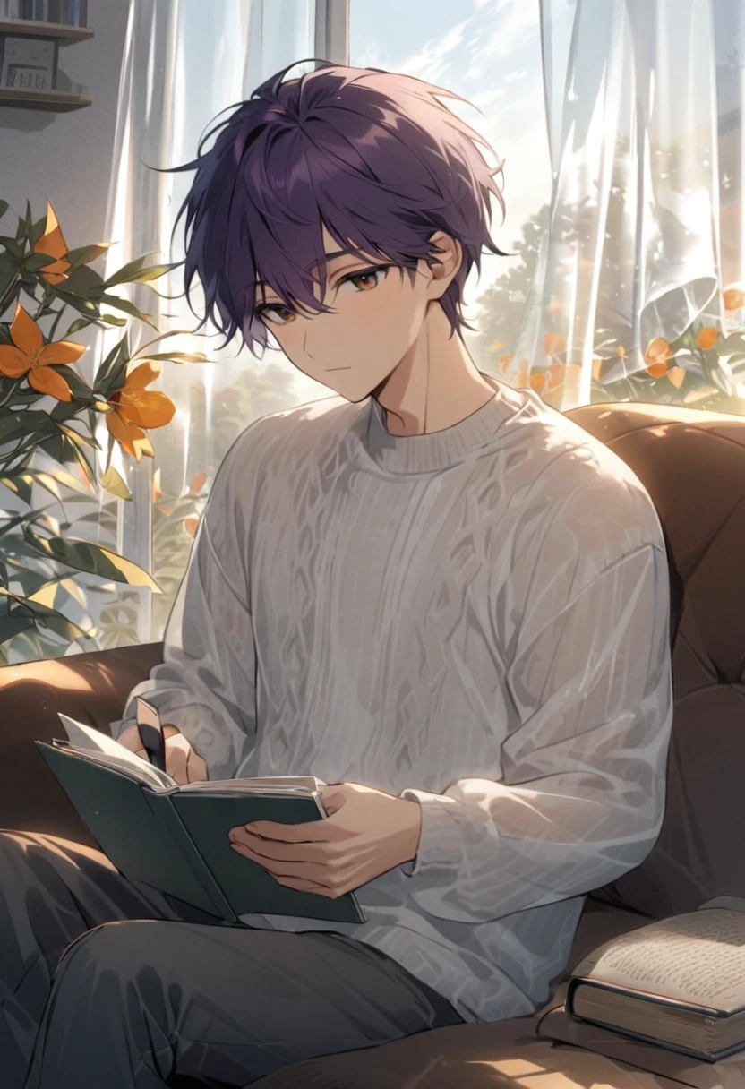 Sunny afternoon，Young man with dark purple hair drinking coffee while sitting on the sofa at home，Book，The years are quiet，Floating in the breeze，Translucent curtains，Warm daily life，Wear a fluffy sweater over a shirt，Orange Blossoms，Look at the lens，