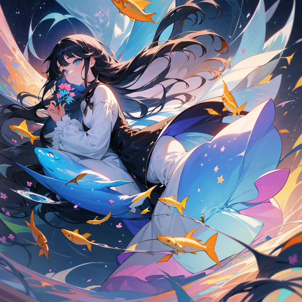 create an image, of a girl with semi-long black hair playing with flowers and fish, something magical and deep, magical and fun atmosphere, happy girl in a beautiful dress, In the universe, dark and bright stars