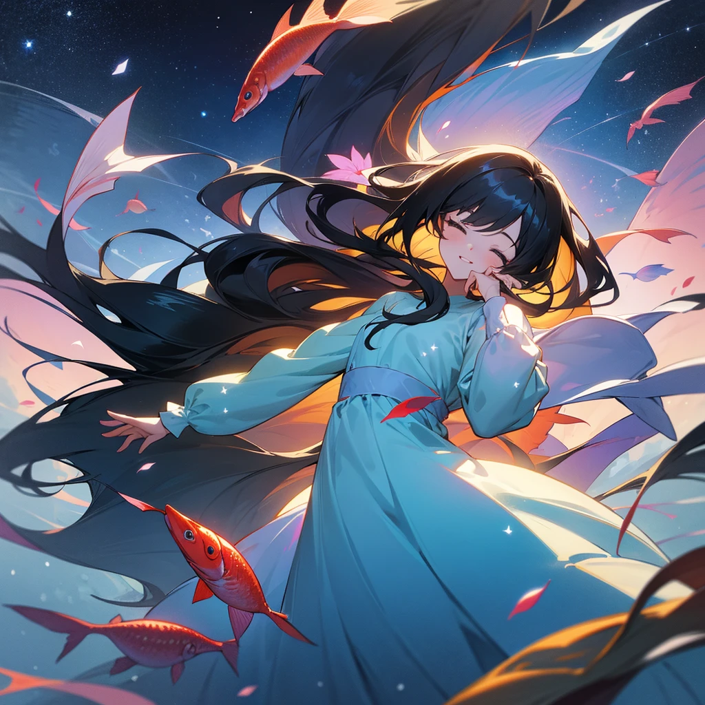 create an image, of a girl with semi-long black hair playing with flowers and fish, something magical and deep, magical and fun atmosphere, happy girl in a beautiful dress, In the universe, dark and bright stars