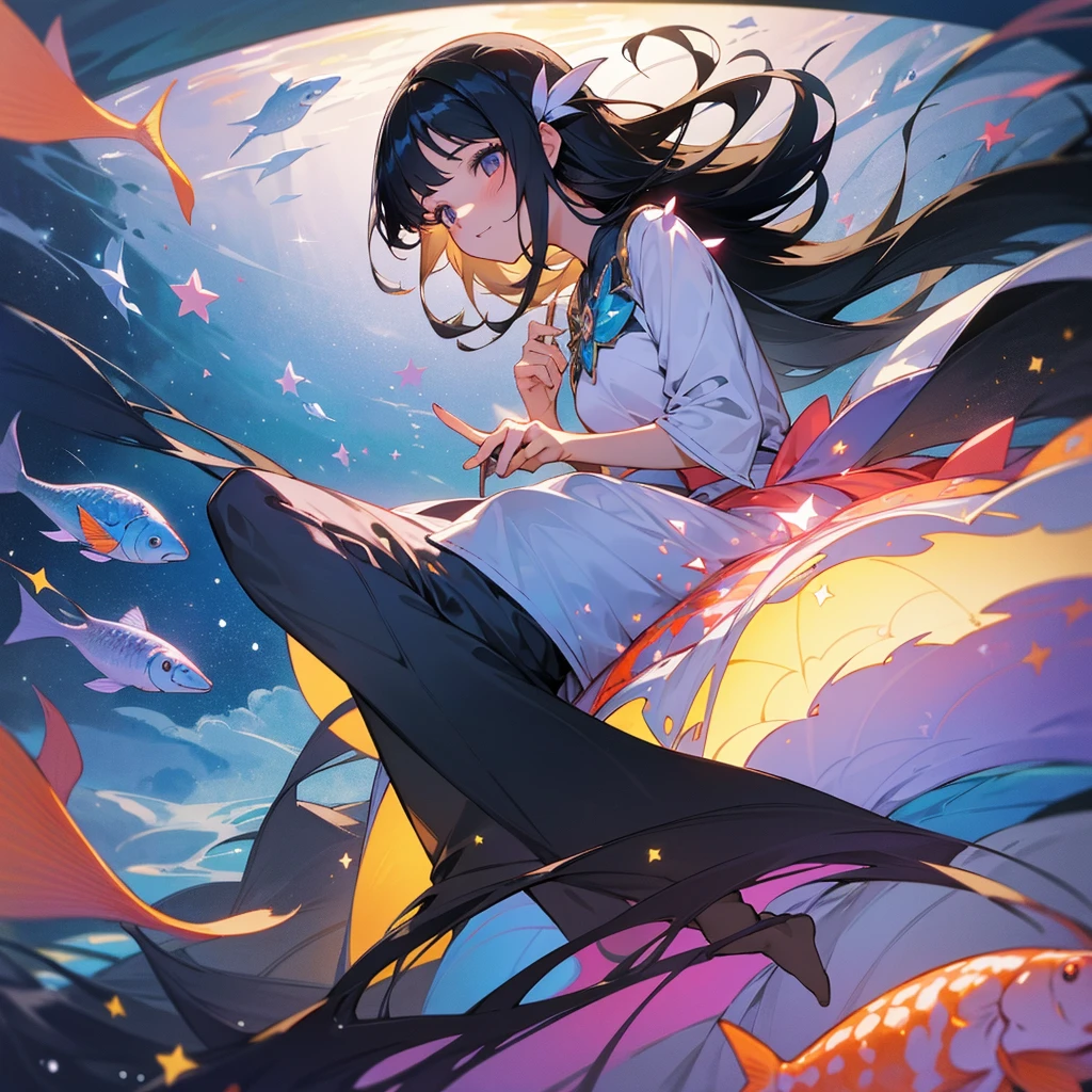 create an image, of a girl with semi-long black hair playing with flowers and fish, something magical and deep, magical and fun atmosphere, happy girl in a beautiful dress, In the universe, dark and bright stars