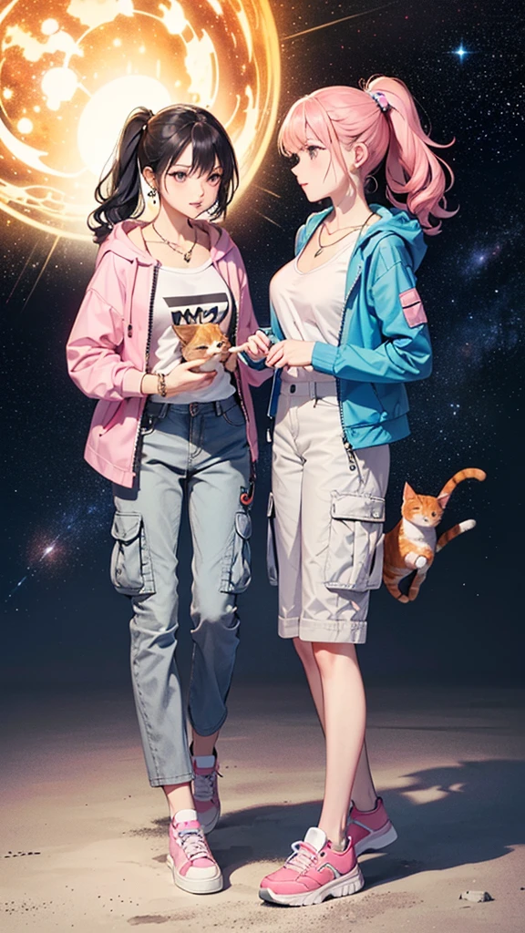 (((Holding a cute orange bantam cat in both hands))),((Highest quality,masterpiece,Full body front view of a mature beauty with big breasts,Air bangs,Blue gray high ponytail super long straight hair,Slightly curly hair on double sideburns,Hair ends curled in,Gray and pink short T-shirt,Light blue denim gray hooded jacket,Black and gray long and wide cargo pants,Pink and white sneakers)),Simple, small and exquisite round necklace,Little star earrings,Wearing a very thin gold bracelet on the right hand,starry sky galaxy background,Look at the lens head-on,only one person