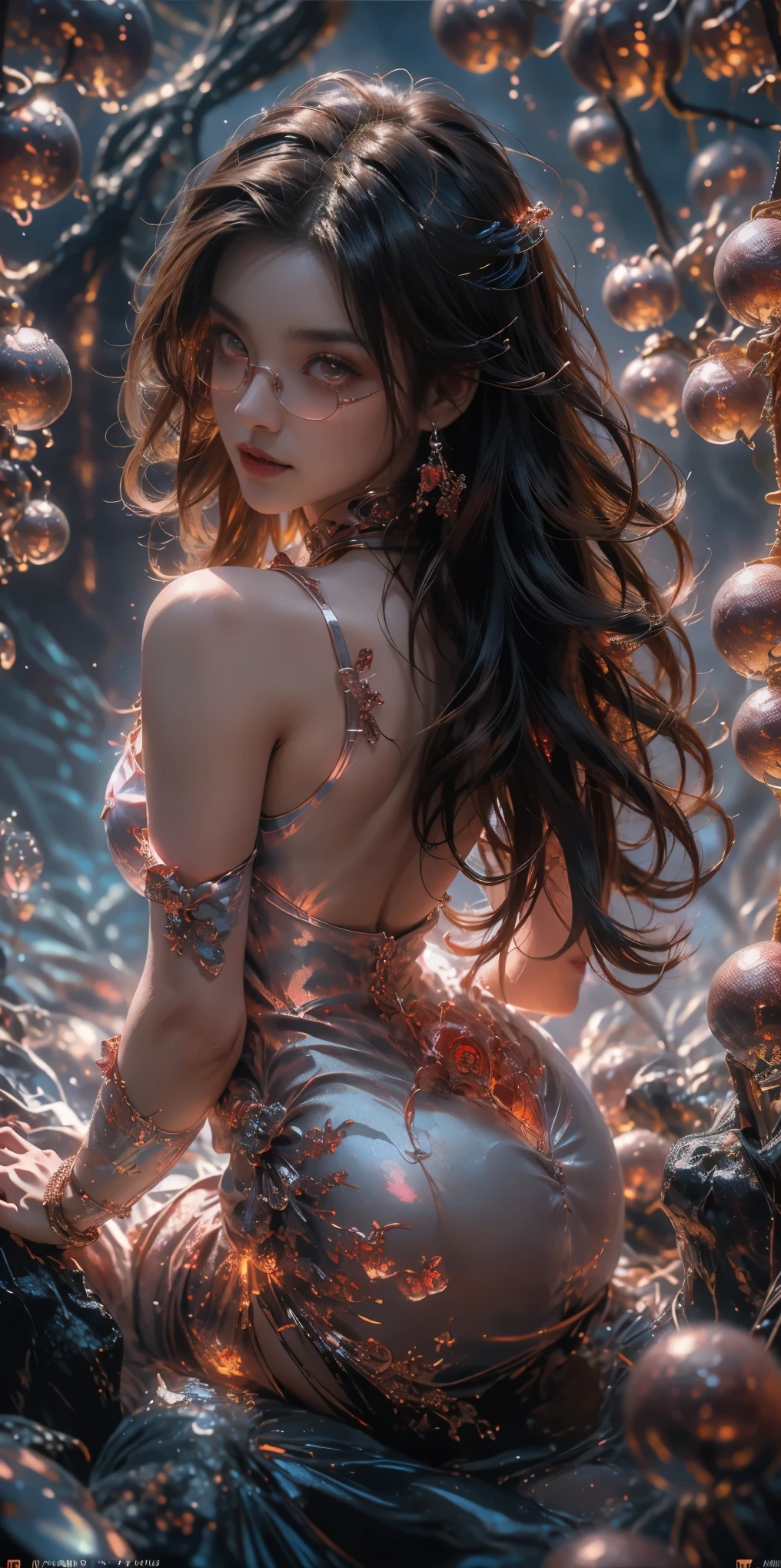 (The best illustrations)、realisitic、ultra-detailliert、The best lighting、Best Shadows、alluring succubus, ethereal beauty, perched on a cloud, (fantasy illustration:1.3), enchanting gaze, captivating pose, delicate wings, otherworldly charm, mystical sky, (Luis Royo:1.2), (Yoshitaka Amano:1.1), Dungeon and Dragon、caves、Dungeon、 A Necromancer、natta、Dark style、Succubus、Devil's Daughter、Bat Wings，(((Demon Hornlack-rimmed round glasses))))、(red eyes glowing:1.6)、​beautiful countenance、Tindall Effect、(High Detail Skins:1.2) absurderes、Ponytail distortion、jewely、Beautiful expression、Toned waist、Wide buttocks、Tindall Effectmasuter piece、top-quality、Highest Standards、Top image quality、masutepiece、intricate detailes、High resolution、Depth Field、natural soft light、profetional lighting、Great smile、(High Detail Skin: 1.2)、photorealistic anime girl render、Strong highlights of the eyes、Perfect Anatomy、crotch open、Shy、Spreading your legs、Panties are visible、Skirt flipping、Body shiny with oilerectile nipple))、8K resolution、intricate clothing、Intricate details