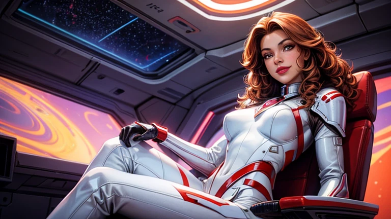 Best quality,illustration made with nankin pen, engraved style, space beautiful vintage woman, LONG hair, looking to observer, tight latex suit BLUE, RED AND YELLOW under hi-tech armor, hi-tech gloves, spaceship scenario,difuse lights