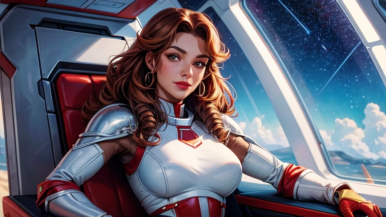 Best quality,illustration made with nankin pen, engraved style, space beautiful vintage woman, LONG hair, looking to observer, tight latex suit BLUE, RED AND YELLOW under hi-tech armor, hi-tech gloves, spaceship scenario,difuse lights