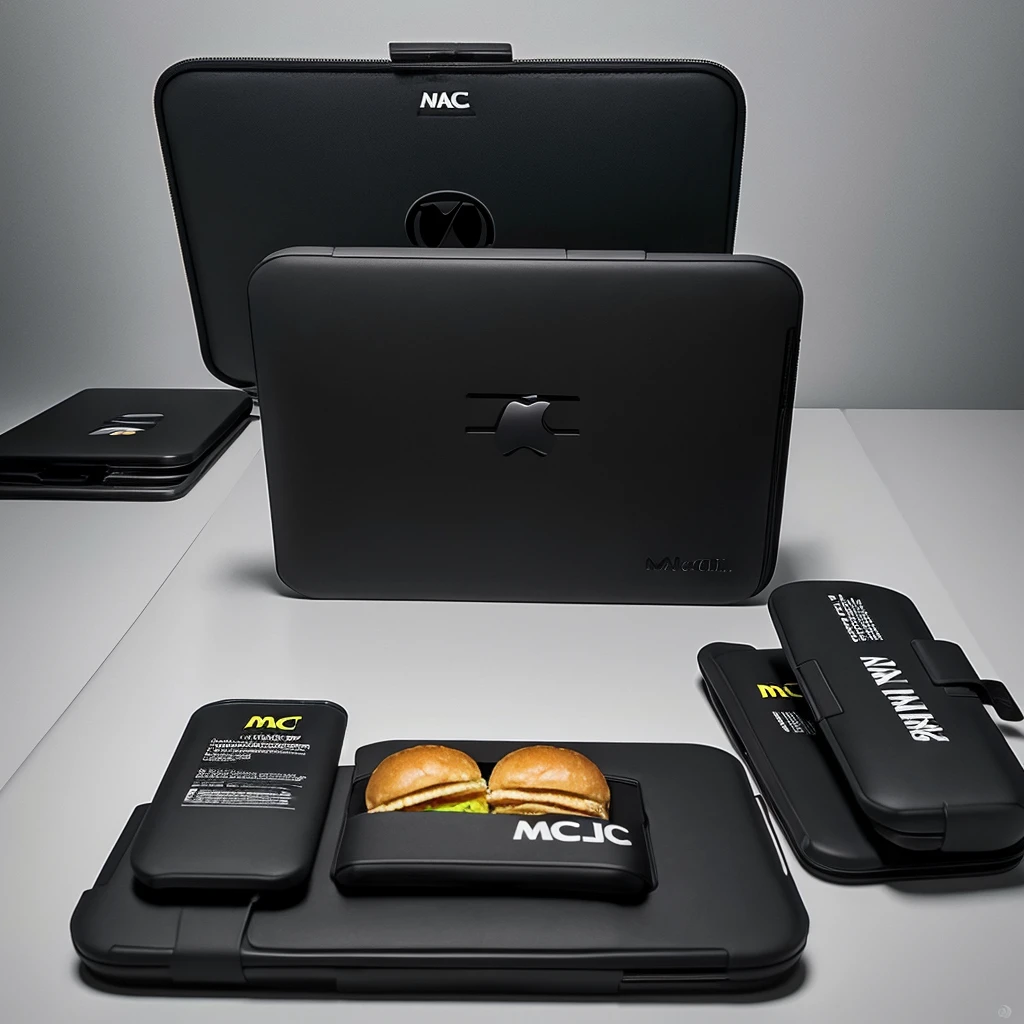 Faça um lanche do mc donalds,the mac case is black,and it has the logo "GUILTY" Written,o copo também é preto Written "GUILTY",do it in an advertising version