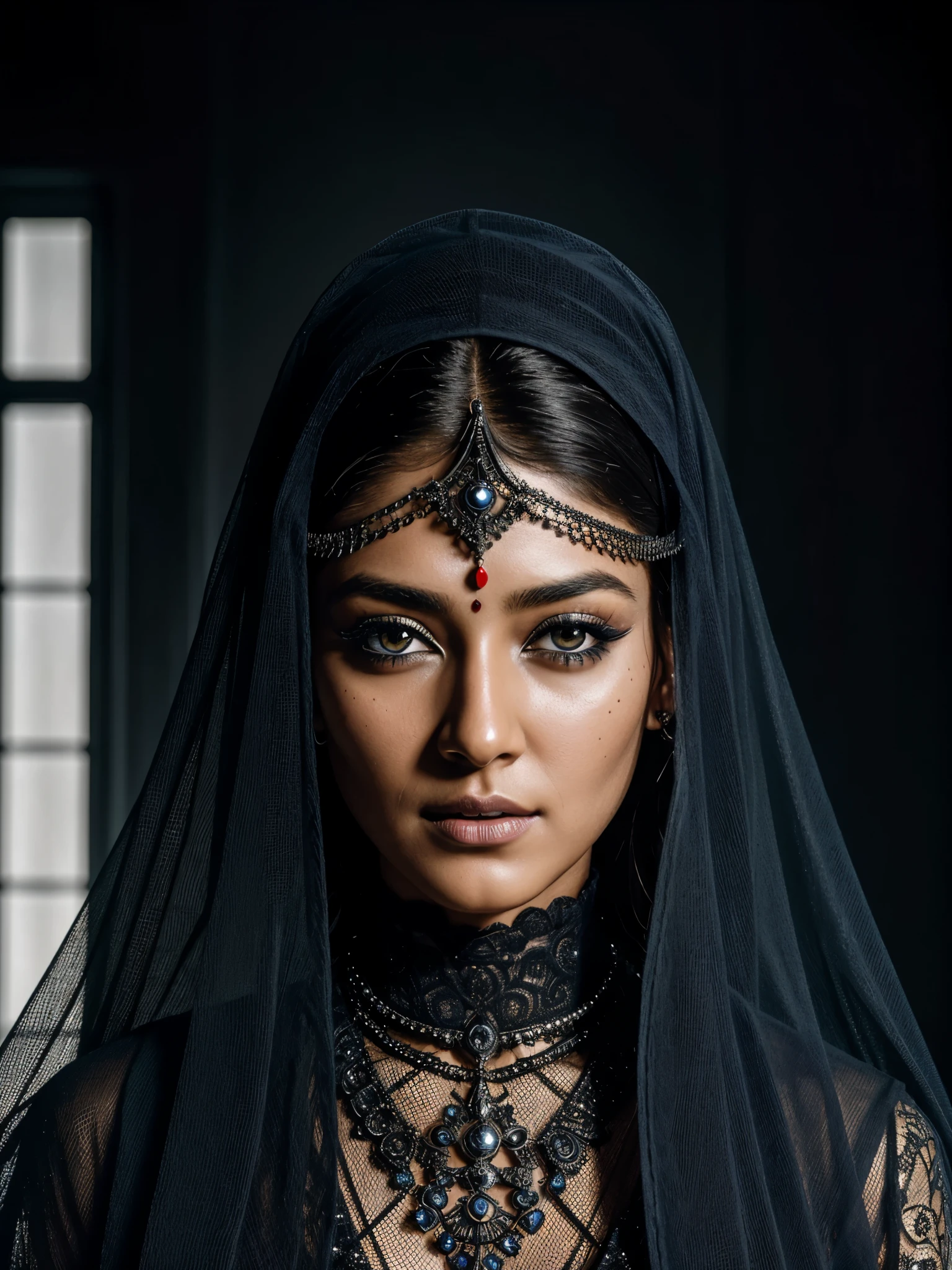Looks like Nayanthara, Fashionable portrait of androgynous alien looking witch wearing veil, glowing eyes, futuristic design, minimal details, givenchy, photoreal, 200mm, hd, f/ 2.0, highly detailed, surreal , drop dead, in the style of red and blue, (intricate details, hyperdetailed:1.15) (skin texture:1.2)