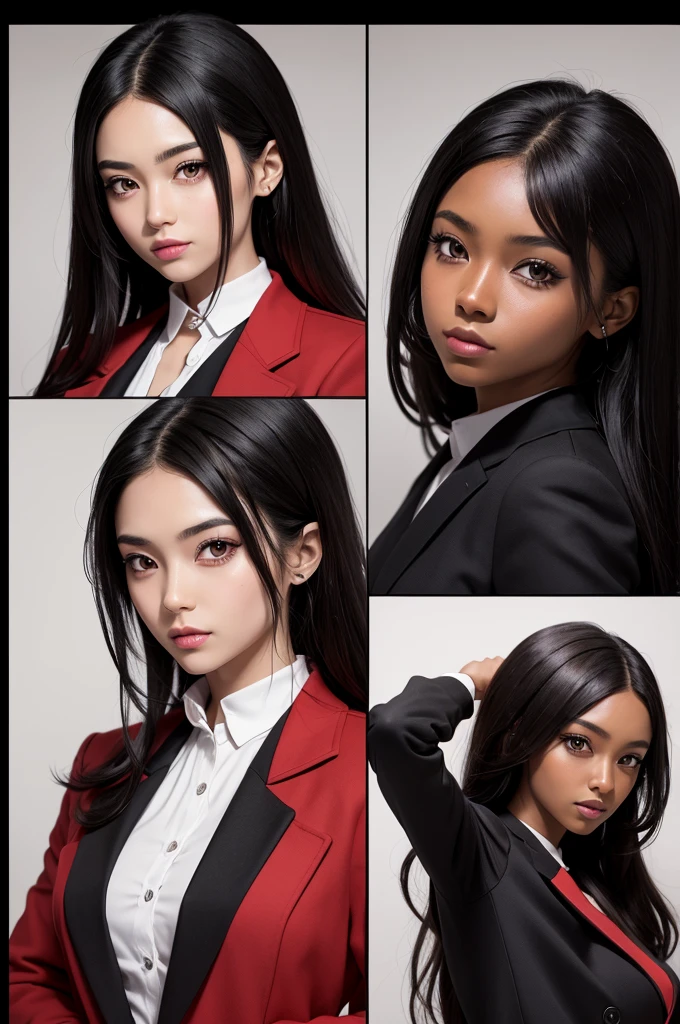 Create an oc, in the style of black and white manga, with dark skin, eyes browns, hair long black, red coat with a suit underneath
