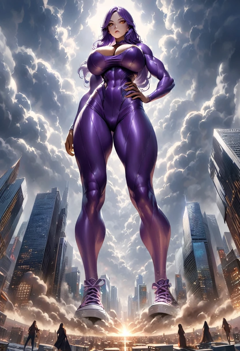 Towering Giantess, Tight purple skinsuit, toned and athletic, massive strength, really big breasts, gold eyes, deep purple long hair, superior expression, standing in the middle of GTS city as she looms over the cityscape, smoke and clouds roil around her, epic scale and drama, dark gloomy lighting, realistic, tense and ominous atmosphere, majestic, powerful, goddess, perspective from below, hand on hip, looking downwards. Fullbody.