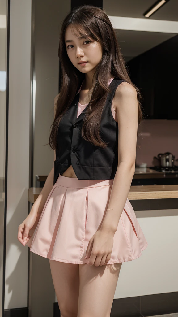 (masterpiece, best quality:1.2), 1girl, 独奏,standing_split,
yuuki mikan, long hair,black sleeveless short vest,pink skirt,black