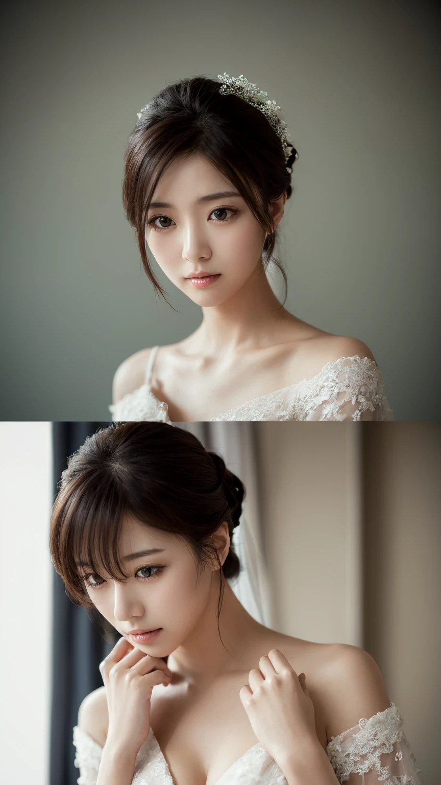 off-the-shoulder wedding dresses、Beautiful young wife、Super detailed、Particles of light:0.5、Shiny and smooth skin texture、First Night、Love each other、Beautiful clear eyes、Secret Love Affair、Sex、、Natural Texture、Short Hair、、Mature slender beauty、Small breasts、Dignified face、Love each other男と女、Nasty relationship、Place your hand on your chest、slouch