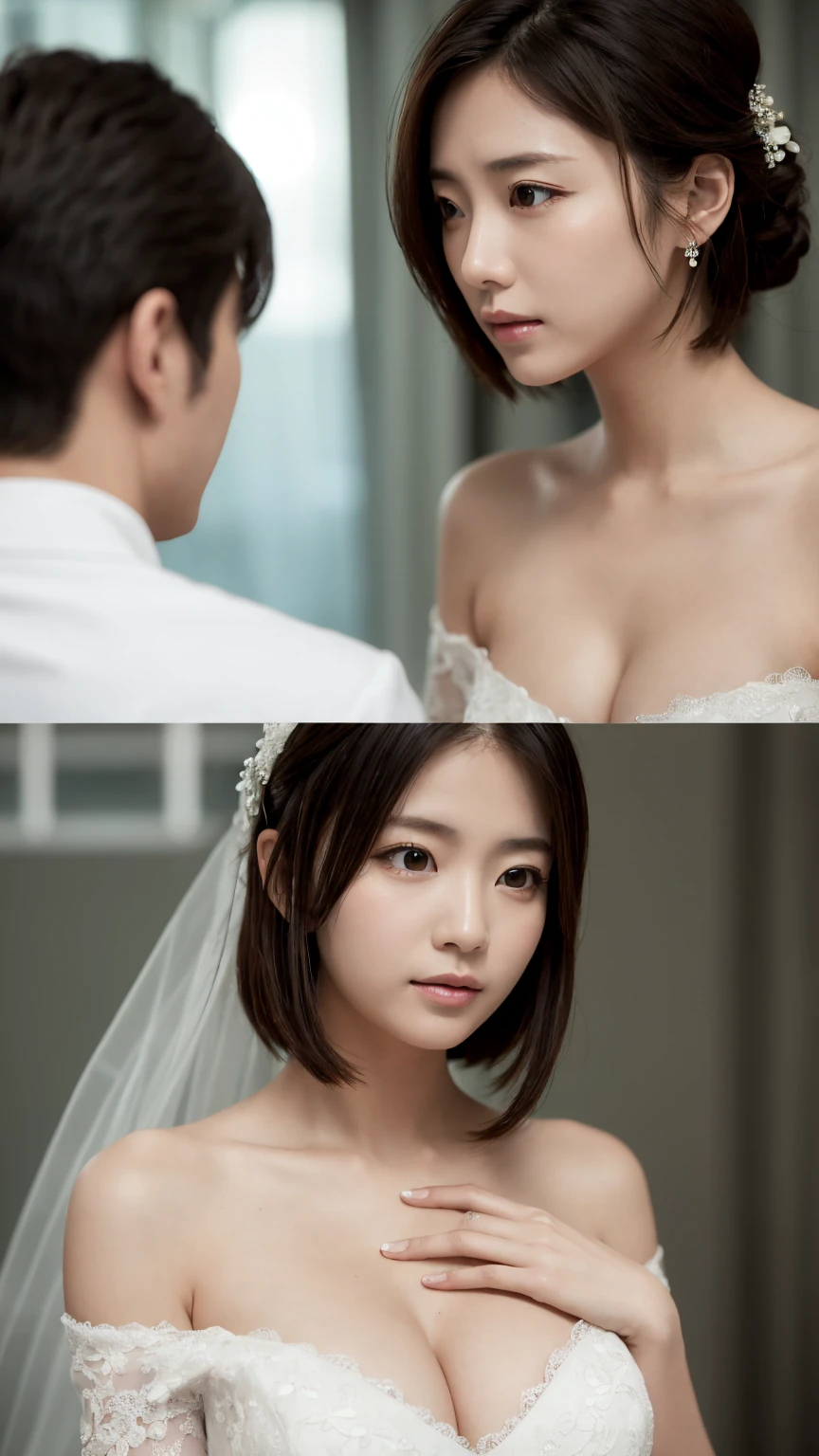 off-the-shoulder wedding dresses、Beautiful young wife、Super detailed、Particles of light:0.5、Shiny and smooth skin texture、First Night、Love each other、Beautiful clear eyes、Secret Love Affair、Sex、、Natural Texture、Short Hair、、Mature slender beauty、Small breasts、Dignified face、Love each other男と女、Nasty relationship、Place your hand on your chest、slouch