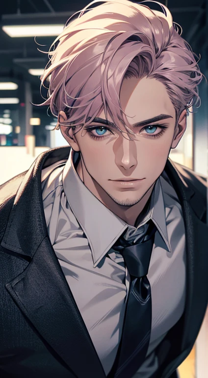 (best quality,4k,8k,highres,masterpiece:1.2),ultra-detailed,(realistic,photorealistic,photo-realistic:1.37),1 man,31 years old,mature man,very handsome,without expression,smile,short grey pink hair,blue eyes,penetrating gaze,perfect face without errors,imposing posture,businessman,office background,cinematic lighting,hdr image