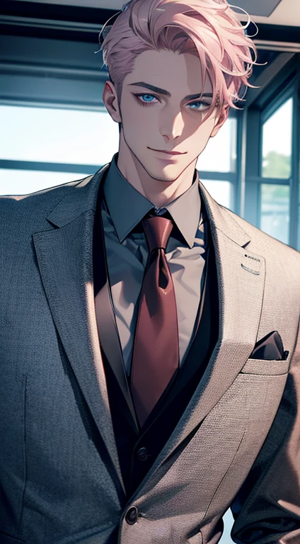 (best quality,4k,8k,highres,masterpiece:1.2),ultra-detailed,(realistic,photorealistic,photo-realistic:1.37),1 man,31 years old,mature man,very handsome,without expression,smile,short grey pink hair,blue eyes,penetrating gaze,perfect face without errors,imposing posture,businessman,office background,cinematic lighting,hdr image