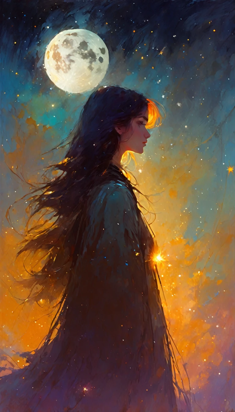 magic, fantastic, night sky, moon, stars, background, (simple oil painting in a style to Bill Sienkiewicz)