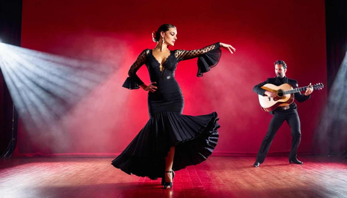 a beautiful flamenco dancer female dancing in black dress in the center of the picture. ((On both sides standing one - one musician)): (((a flamenco guitarist))) and ((a jazz trumpet musician))). Full body shot, red background, real human hands with five fingers, real human skin, detailed facial features, sharp focus, depth of field, fashion photography, contrast lighting, studio lighting, cinematic lighting, volumetric lighting, raw, uhd, hdr, 4k, 35mm film