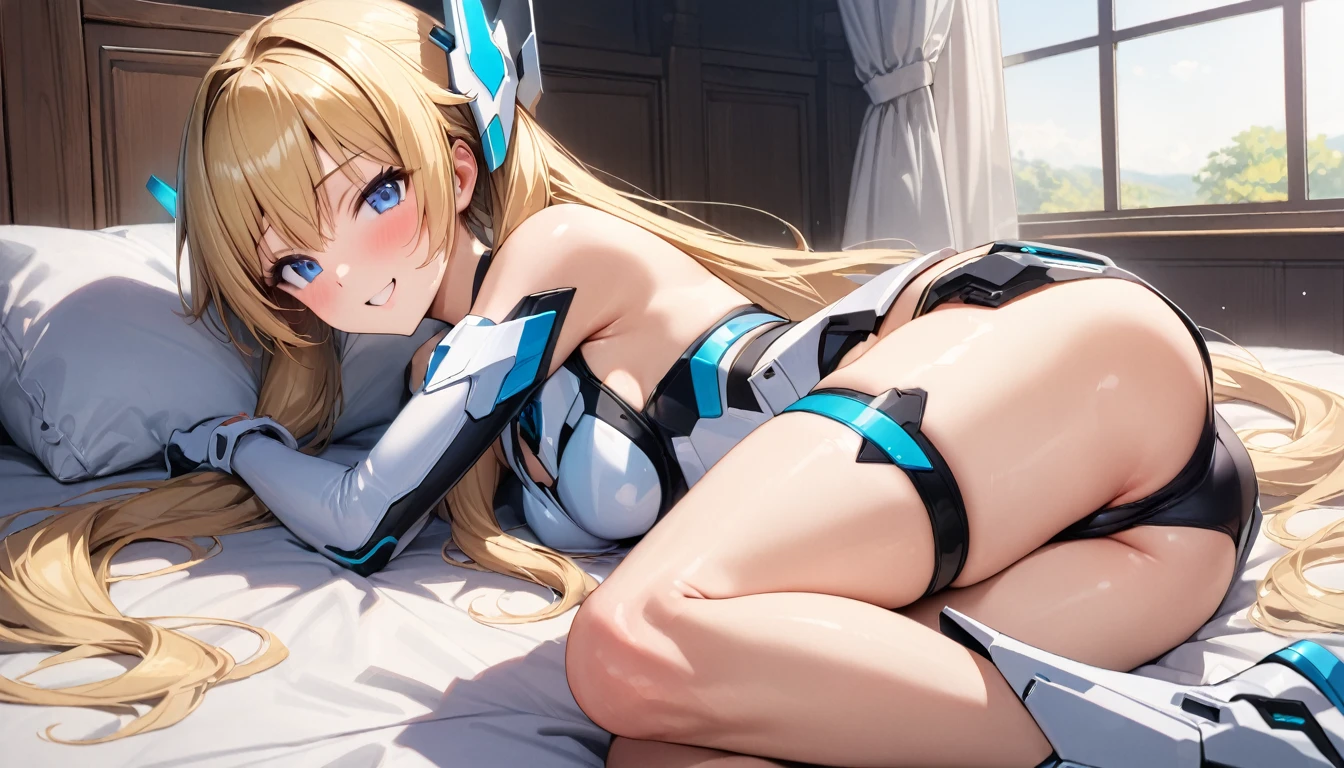 score_9, score_8_up, score_7_up, source_anime, rating explicit, absurdres, bedroom, frll body, 1girl, solo, angelabalzac, blonde hair, blue eyes, deva battle suit, thighs, bare shoulder, elbow gloves, headgear, long hair, low twintails, twintails, very long hair, smile, lying, on side, looking at viewer, masterpiece, best quality, very aesthetic, highly detailed, 8k, 