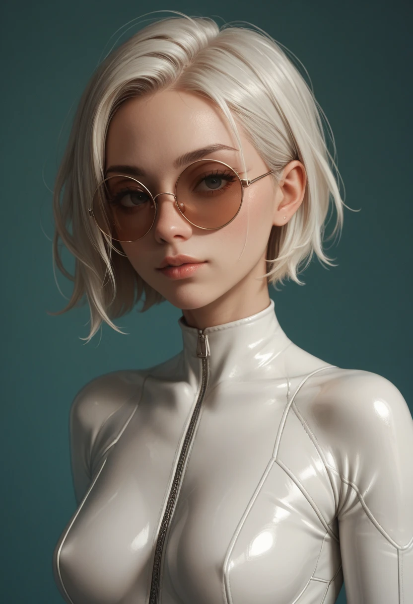 score_9, score_8_up, score_7_up,score_6_up, score_5_up,1girl, looking at the viewer,round sunglasses, white short hair, leather bodysuit,