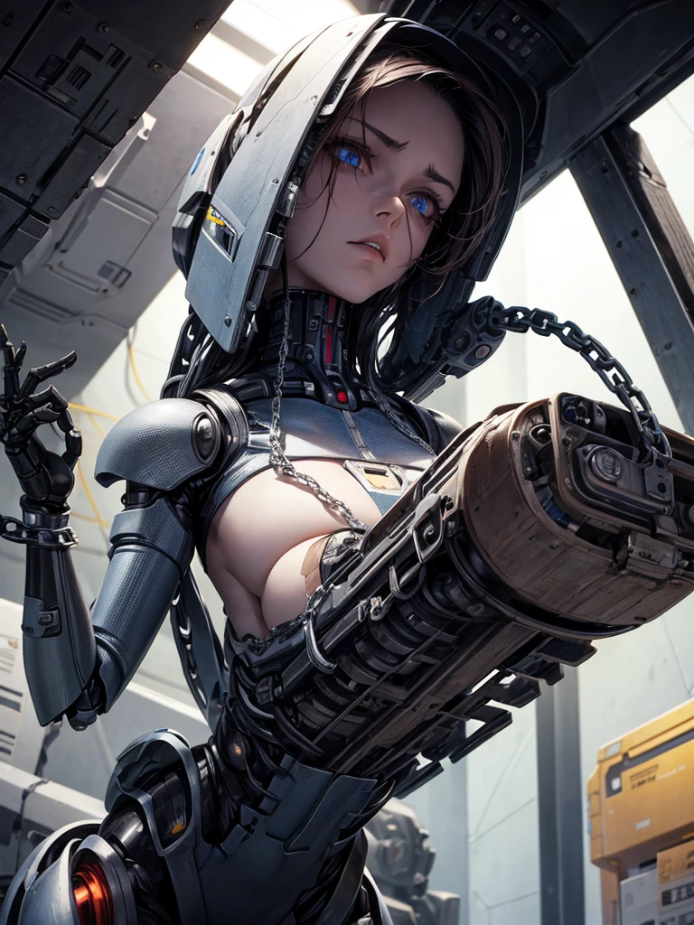 20 year old girl chained up in spaceship, slave, bottomless, topless, skinny, depressed, painful face expression, very detailed, body modifications, robotic arms